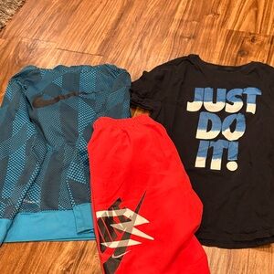 Nike Black and Blue Graphic Hoodie with Red Shorts and T-Shirt